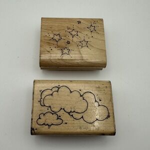 DOTS Puffy Clouds J119 Twinkle Stars H210 Wood Rubber Stamp Lot Of 2 Vintage 90s